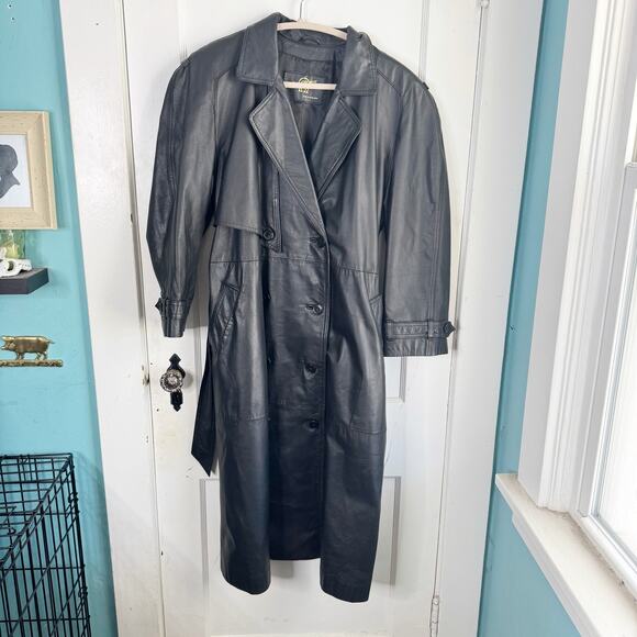 Vintage Etienne Aigner 100% Leather Trenchcoat Long Belted Black Size Medium M - Picture 7 of 16